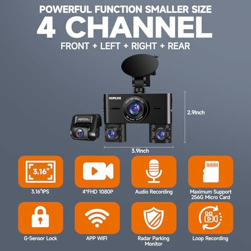 4-channel dash camera with features like 3.16 IPS, audio recording, and loop recording.