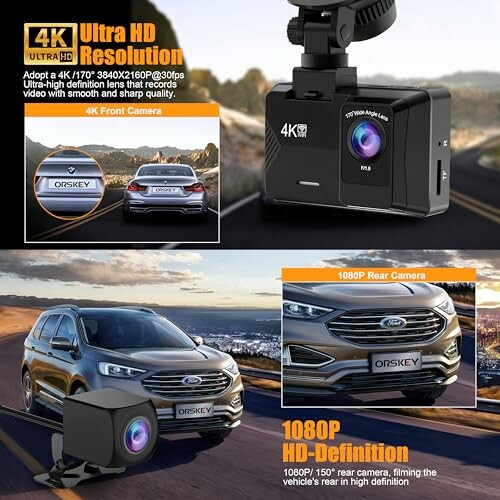 4K dash cam with front and rear cameras showcasing Ultra HD resolution and HD definition features.