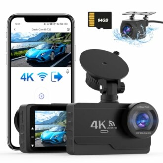 4K dash cam with smartphone integration and 64GB memory card.