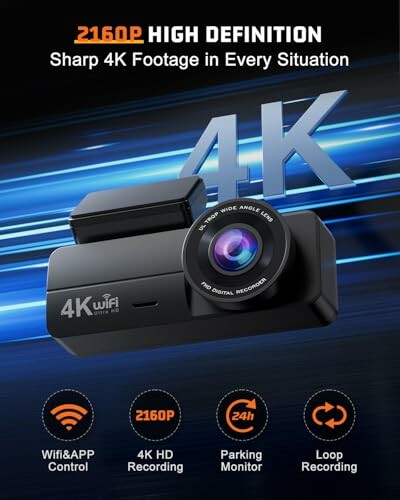 4K dashcam advertisement highlighting features like 2160p resolution, wide-angle lens, and wifi control.