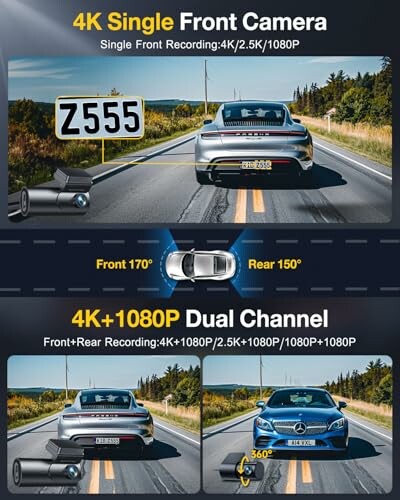 Dashcam with 4K single front camera and 4K+1080P dual channel options.