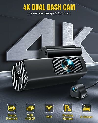 4K dual dash cam with features like WiFi, parking monitor, and G-sensor.