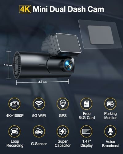 4K Mini Dual Dash Cam with features like 5G WiFi, GPS, and parking monitor.