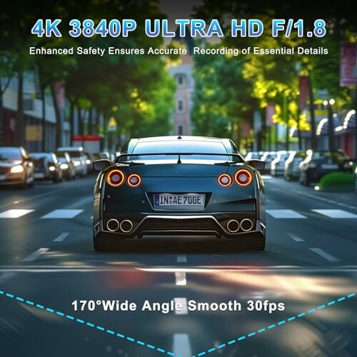 Car on road with 4K ultra HD camera features displayed.