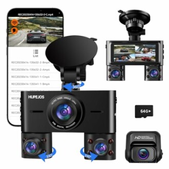 Dash cam kit with multiple cameras, smartphone, and memory card.