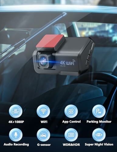 Car dash camera with features including 4K, WiFi, app control, parking monitor, audio recording, G-sensor, WDR & HDR, and super night vision.