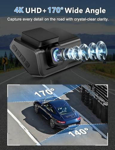 4K UHD dashcam with 170-degree wide angle displaying road view.