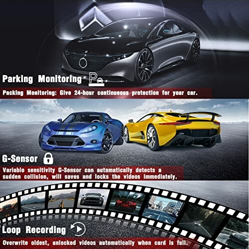 Car safety features: parking monitoring, G-sensor, loop recording.