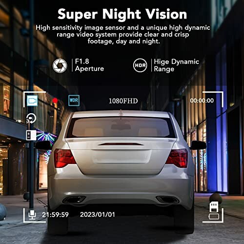 Car with super night vision camera features displayed.