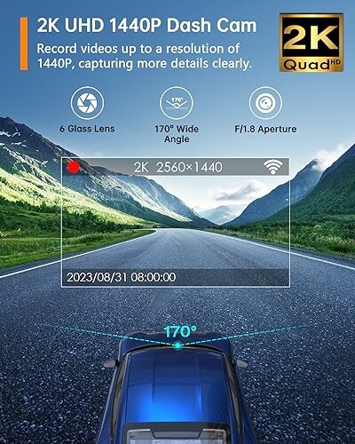 2K UHD dash cam display with road view and camera features.