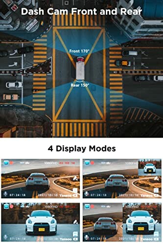 Dash cam front and rear views with display modes.