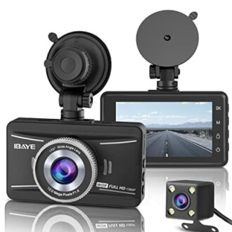 Dash cam kit with front and rear cameras, displaying road view.