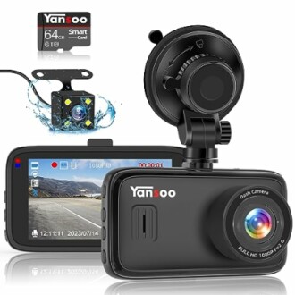 Dashboard camera with accessories including 64GB card and rear camera.