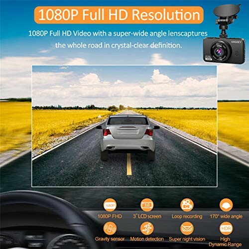 Dashcam with 1080P full HD resolution and wide-angle lens.