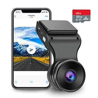 Dashcam and smartphone displaying video with microSD card.