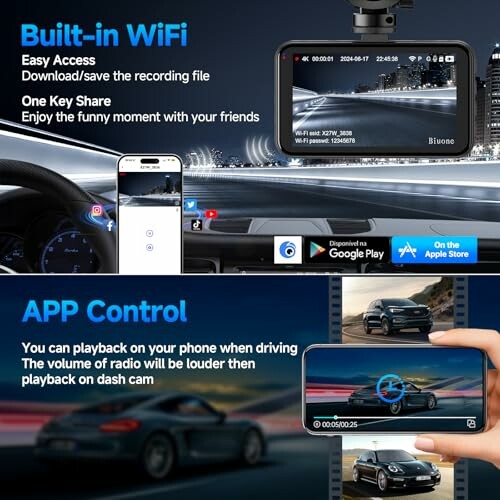 Dashcam featuring built-in WiFi and app control for easy access and playback.