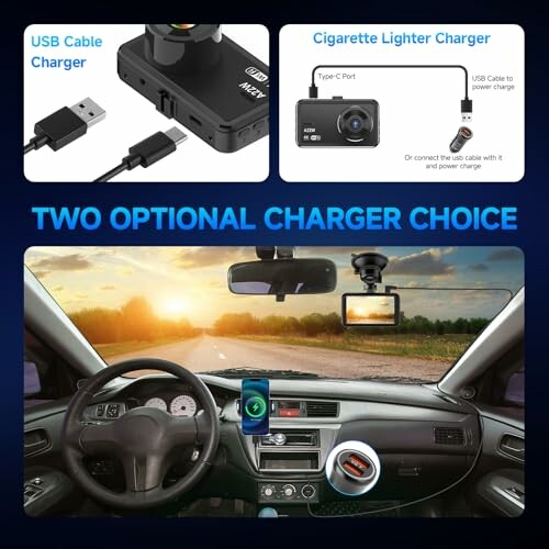 Dashboard camera setup with USB and cigarette lighter charging options.