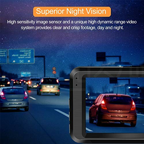 Dashcam display showing night vision capabilities on a highway.