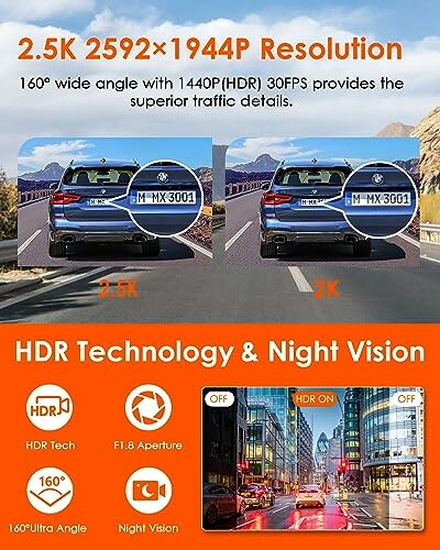 Comparison of 2.5K and 2K resolution with HDR and night vision features.