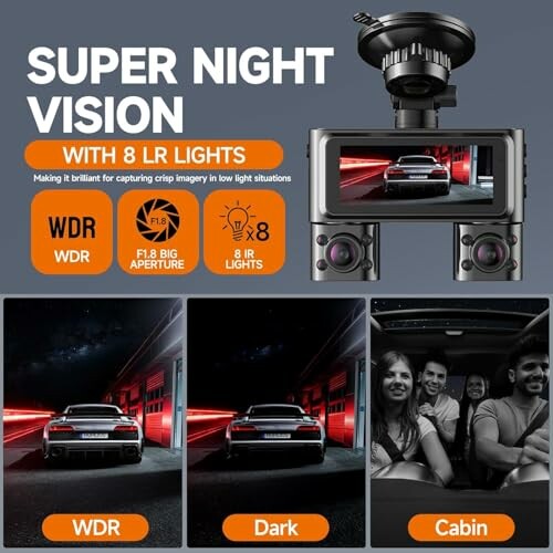 Dashcam with super night vision and 8 IR lights, showing WDR, dark, and cabin views.