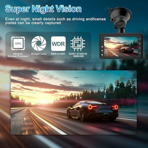 Dashcam with super night vision and features highlighted.