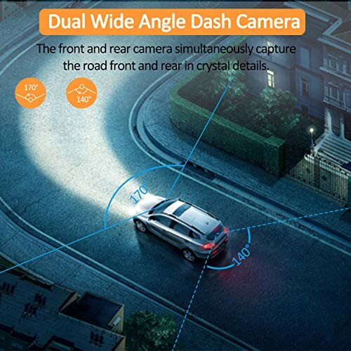 Car with dual wide angle dash camera showing 170 and 140 degree views.