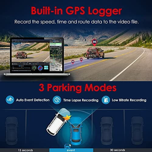 Illustration of built-in GPS logger and three parking modes.
