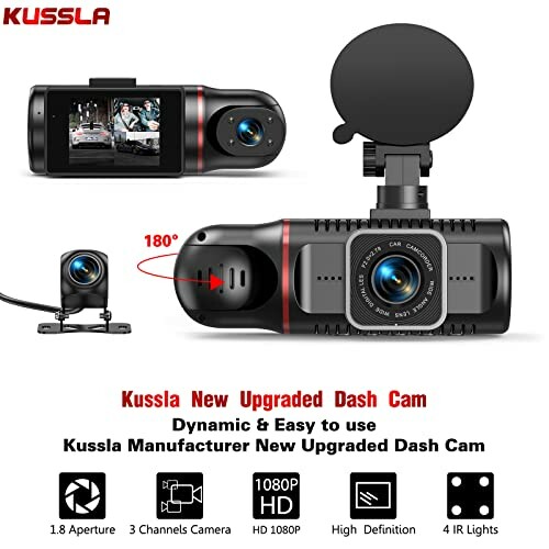 Kussla new upgraded dash cam with 180-degree rotation and 1080P HD display.