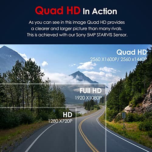 Comparison of Quad HD, Full HD, and HD image resolutions on a scenic road landscape.