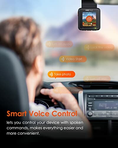 Dashboard camera with smart voice control features displayed.