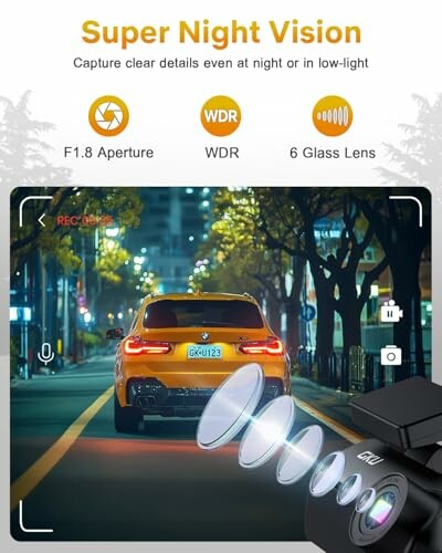 Car on road at night with camera lens illustration, showcasing super night vision features.