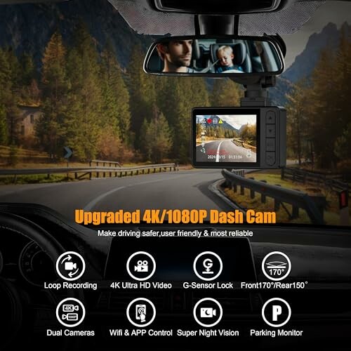 4K/1080P dash cam display in car with features listed.