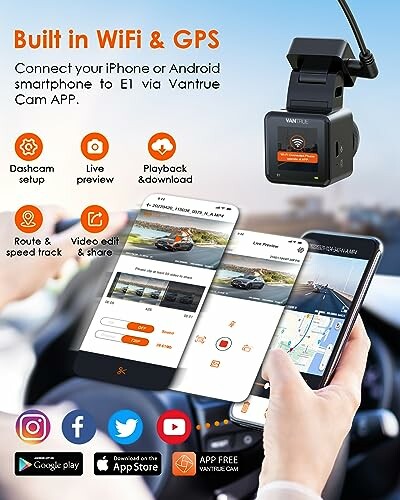 Vantrue dashcam with smartphone features including WiFi, GPS, and app connectivity.