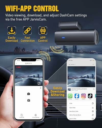 Dashcam with app controls and smartphone connectivity