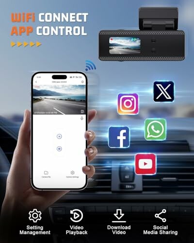 Dashcam app control with social media sharing icons.