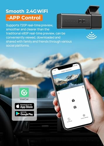 Dashcam with app control and smartphone integration display.