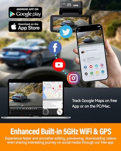 Enhanced 5GHz WiFi and GPS features with app integration for smartphones and computers.